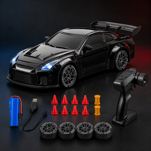 Schwarzer RC Drift Car GT-R Black Edition mit Fernsteuerung und Zubehör