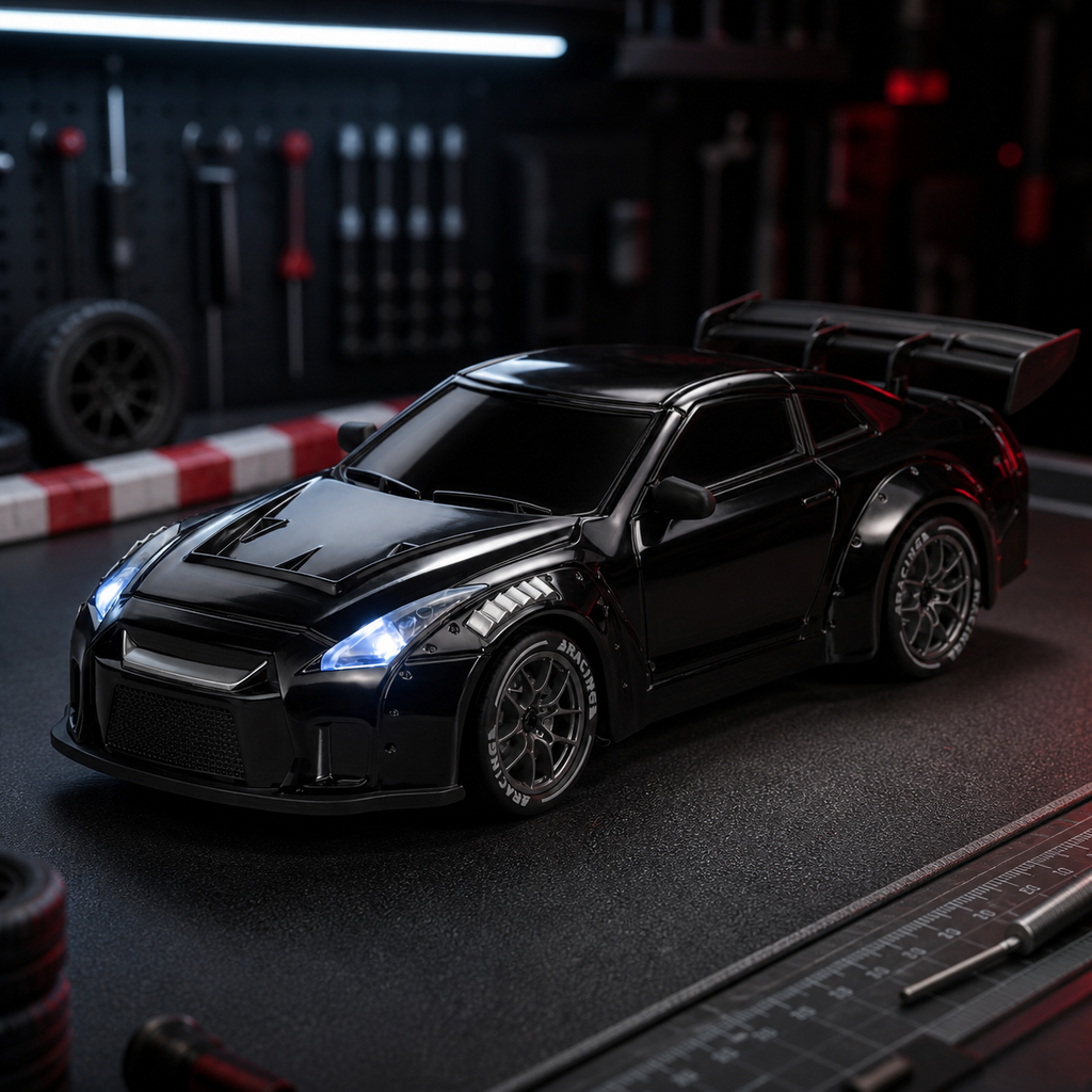 Schwarzes 1:24 RC Drift Car im Tuning-Garage-Setting