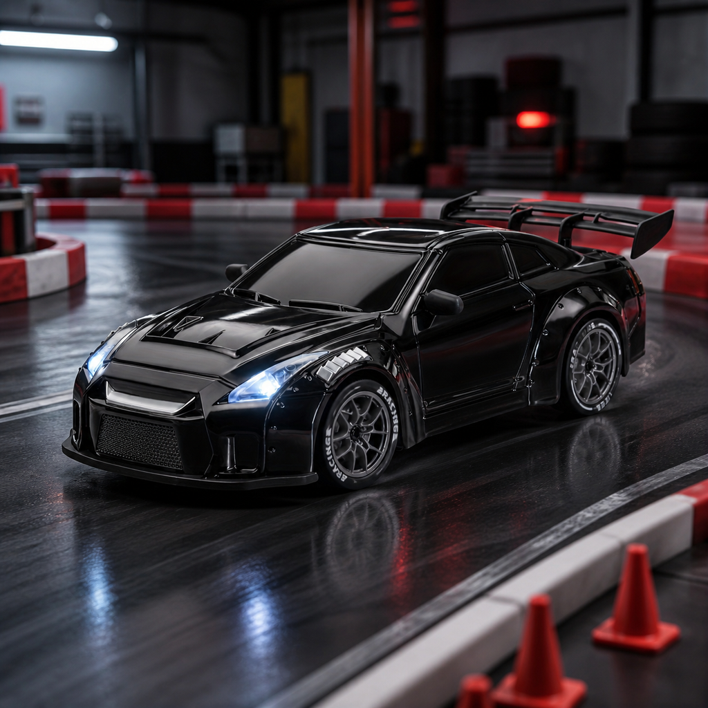 Schwarzes 1:24 RC Drift Car auf einer Indoor-Driftstrecke