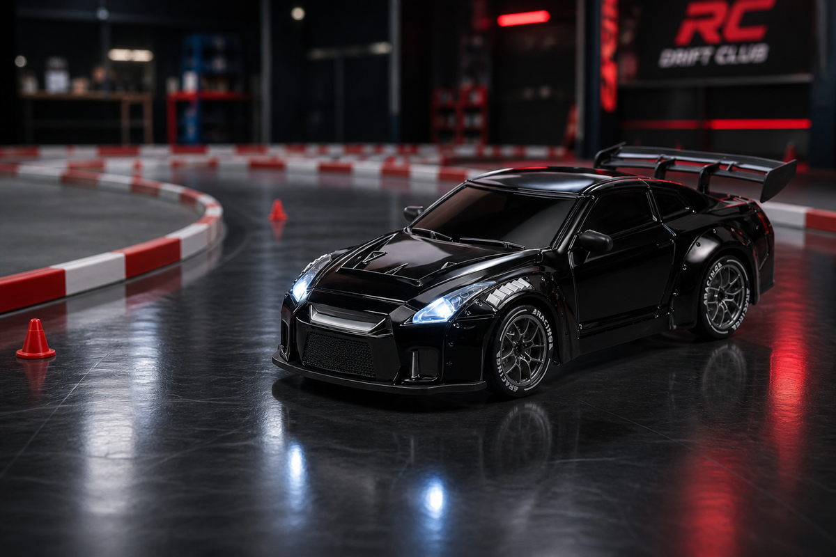 Schwarzes 1:24 RC Drift Car auf einer roten und weißen Driftstrecke