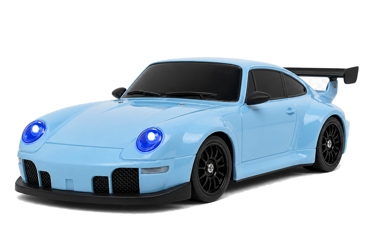 Blauer Porsche Style RC Drift Car, freigestellte Frontansicht