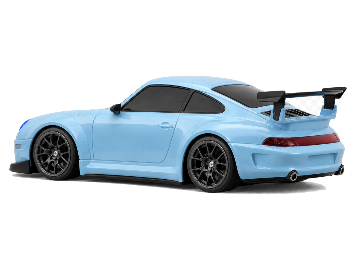 Blauer Porsche Style RC Drift Car, freigestellte Seitenansicht